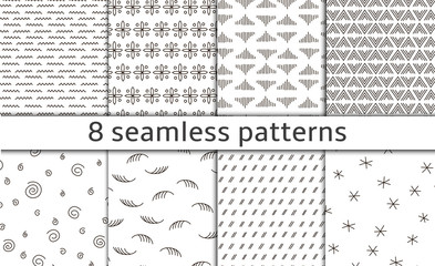 Set of 8 Modern abstract simple vector seamless patterns with monochrome trellis.