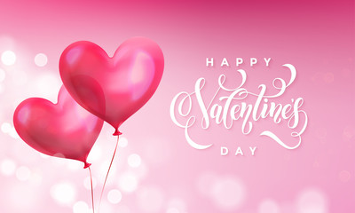 Valentines day greeting card of valentine red heart balloon on pink light shine background. Vector Happy Valentines day text lettering design template of glossy balloon heart