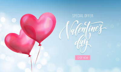 Fototapeta na wymiar Valentines day sale poster or banner of valentine red heart on blue light pattern background. Vector Valentines day holiday shop discount promo design template of glossy crystal heart