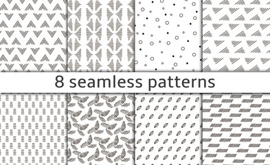 Set of 8 Vintage abstract simple vector seamless patterns with monochrome trellis.