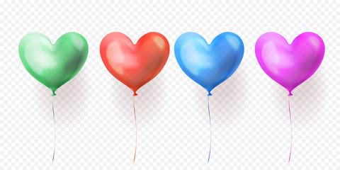 Heart balloons transparent set of isolated glossy ballons for Valentines Day, wedding or birthday greeting card design. Vector heart helium balloon green, blue, red and purple party decorations © Ron Dale