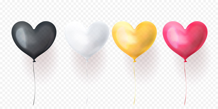 Heart balloon isolated glossy ballons for Valentines Day, wedding or birthday greeting card design. Vector heart helium balloon black, white, yellow and pink decoration set on transparent background