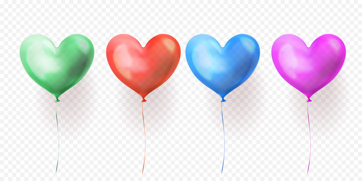Heart balloons transparent set of isolated glossy ballons for Valentines Day, wedding or birthday greeting card design. Vector heart helium balloon green, blue, red and purple party decorations