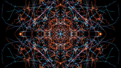 Abstract artwork. Colorful lines with particles on black background.