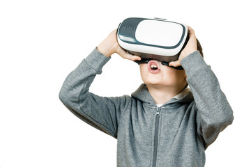 Boy with a headset of virtual reality. Innovative technology. On an white background