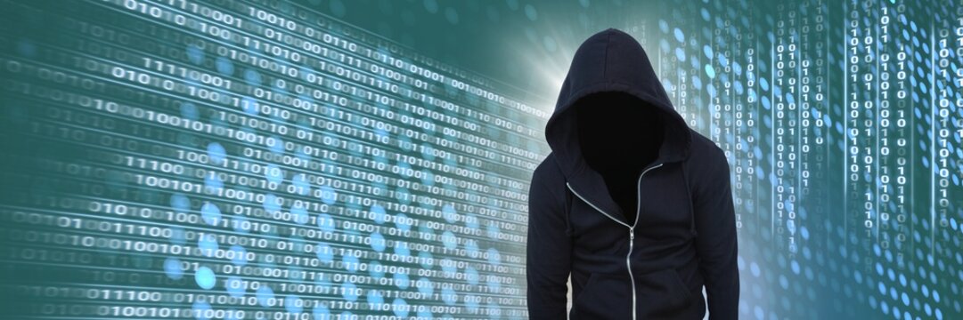 Anonymous hacker with computer code binary interface