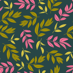 Colorful tropical seamless pattern with messy leaves, branches, flowers on dark background. Floral motif. Vector illustration.