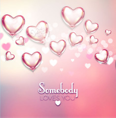 Happy Valentine's Day Soft Background with Flying Glossy and Shining Hearts, Blur Background and Bokeh Effect. Vector illustration