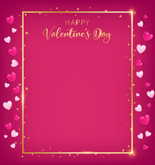 red valentines board with gold border and happy valentine`s day text ,golden heart glitter drop beside board, artwork usage in advertising decorative or cerebrate invitation, free space on the middle