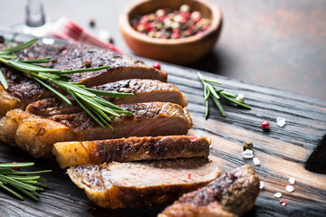 Grilled beef striploin steak.
