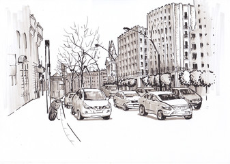 Urban Sketch. Street with traffic.