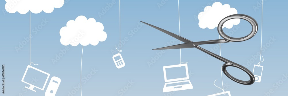 Poster scissors with hanging computer devices on strings