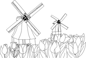 Blooming tulips on the background of windmills. Holland landscape. Freehand sketch drawing for adult antistress coloring book - 188546925
