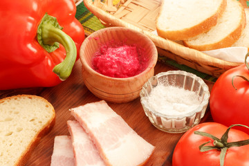 Lunch with jowl pork bacon with horseradish sauce and vegetables 