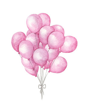 Watercolor air balloons. Hand drawn pack of party pink balloons isolated on white background. Greeting object art