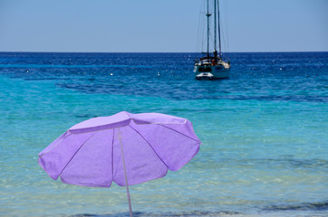 Sonnenschirm, lila, meer, Strand, Urlaub