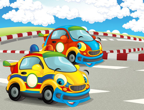 cartoon funny and happy looking racing cars on race track - illustration for children