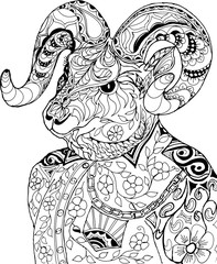 Portrait of a goat in a shirt. Freehand sketch drawing for adult antistress coloring book