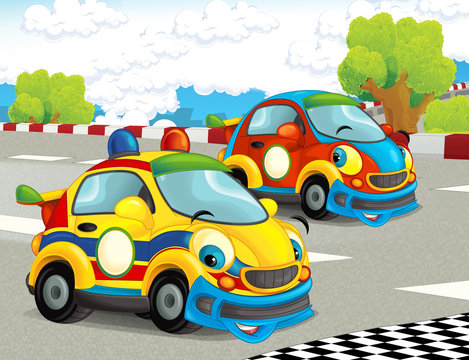 cartoon funny and happy looking racing cars on race track - illustration for children © honeyflavour