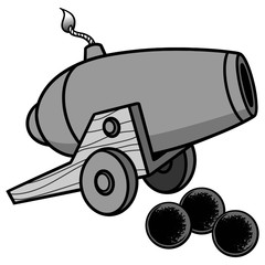 Cannon Illustration - A vector cartoon illustration of a cannon with some cannon balls.