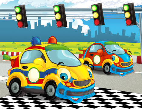 cartoon funny and happy looking racing cars on race track - illustration for children © honeyflavour