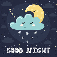 Good night card with cute sleeping cloud and the moon. Sweet dreams background. Vector illustration