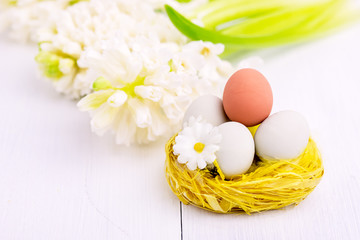 Fototapeta na wymiar Spring Flowers with Easter Eggs in Nest Easter Spring Background with Hyacinth White Copy Space Easter Concept