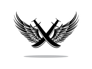 wings and sword black and white logo bagde design