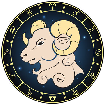 Aries. Color zodiac sign in the circle frame.