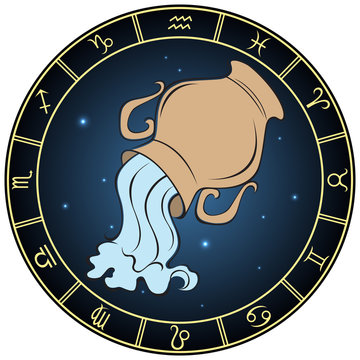 Aquarius. Color zodiac sign in the circle frame.