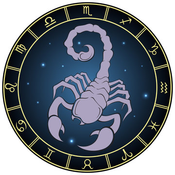 Scorpio. Color zodiac sign in the circle frame.