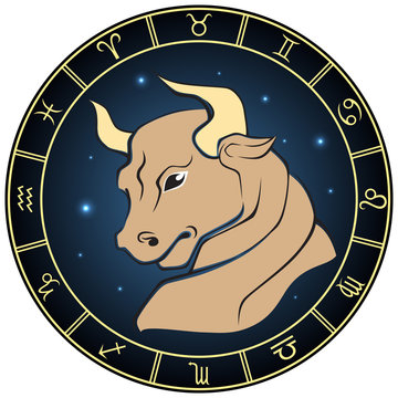 Taurus. Color zodiac sign in the circle frame.
