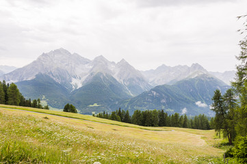Obraz premium Scuol, Engadin, Unterengadin, Motta Naluns, Wanderweg, Flurinaweg, Panoramaweg, Ftan, Alpen, Graubünden, Nationalpark, Sommer, Schweiz