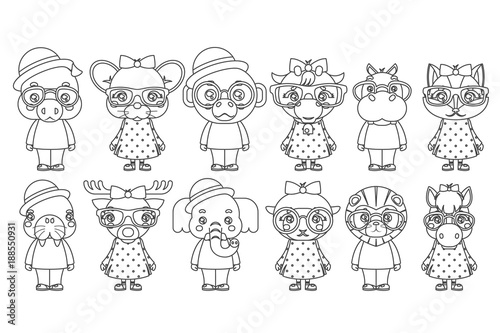 Lineart Cute Animal Boy Girl Cubs Mascot Cartoon Children Icons Set Coloring Book Design Vector Illustration