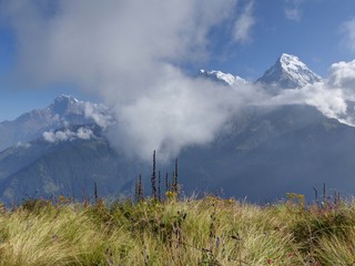 Annapurna range from Poon Hill - one of the most visited Himalayan view points in Nepal, view to snow capped Himalaya