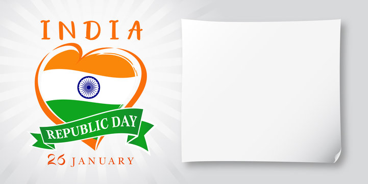 Republic Day Idia, 26 January greeting banner. Vector illustration for 26th january Republic Day Idia lettering banner with heart national flag and text on stripes background
