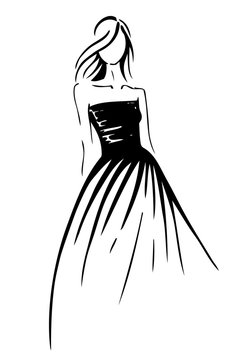 Fashion sketch, woman in evening dress. Vector illustration. Black lines isolated on white background.