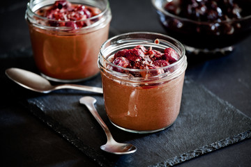 Homemade Pots Of Chocolate Mousse With Cherry Topping