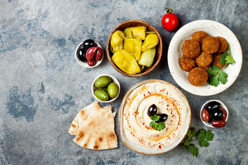 Middle Eastern traditional dinner. Authentic arab cuisine. Meze party food. Top view, flat lay, overhead