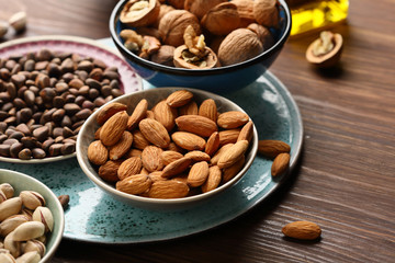 Assorted nuts in bowls