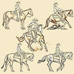 Western Rider Line Art - Cowboy riding horse vector illustrations