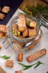 Croutons made of white bread with flavour of shrimps, crabs or fish. Homemade snacks