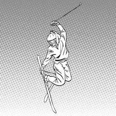 Winter sports. Aerial skiing. Half-pipe, superpipe or slopestyle. Freestyle skier during a jump