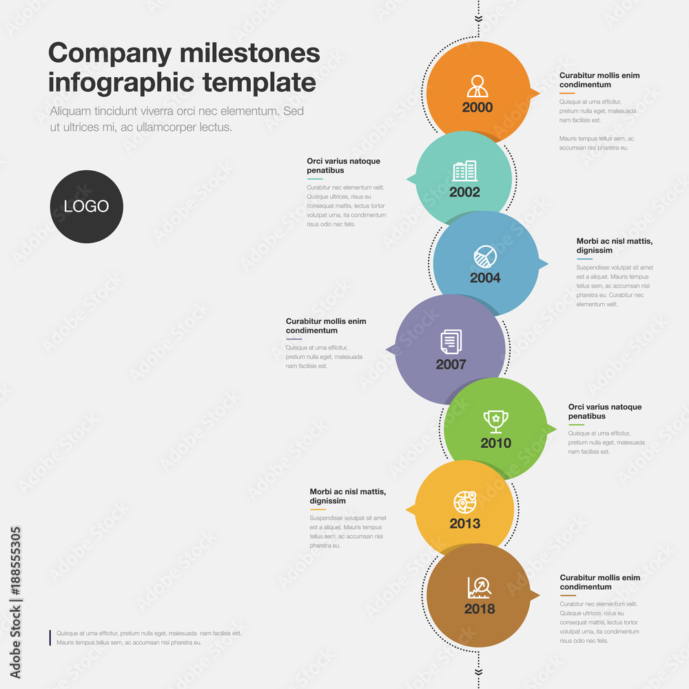 Fototapete vector infographic for company milestones timeline template with colorful bubbles isolated on light 
