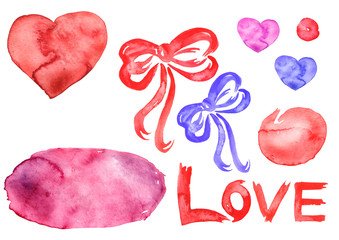 Watercolor of elements for the holiday, Valentine's Day, for the invitation. Red, blue bow, heart, abstract splash of paint, inscription, letters, pink background. 