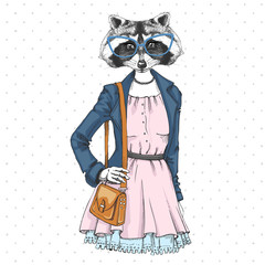 Retro Hipster fashion animal raccoon. Woman model