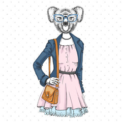 Retro Hipster fashion animal koala. Woman model