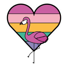 flamingo and heart love with color rainbow vector illustration