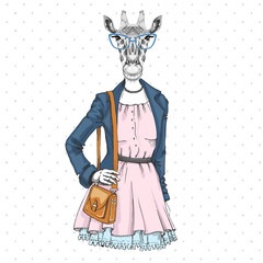 Retro Hipster fashion animal giraffe. Woman model