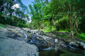 Fototapeta na wymiar A small little waterfall falling on a small lake in Thailand
